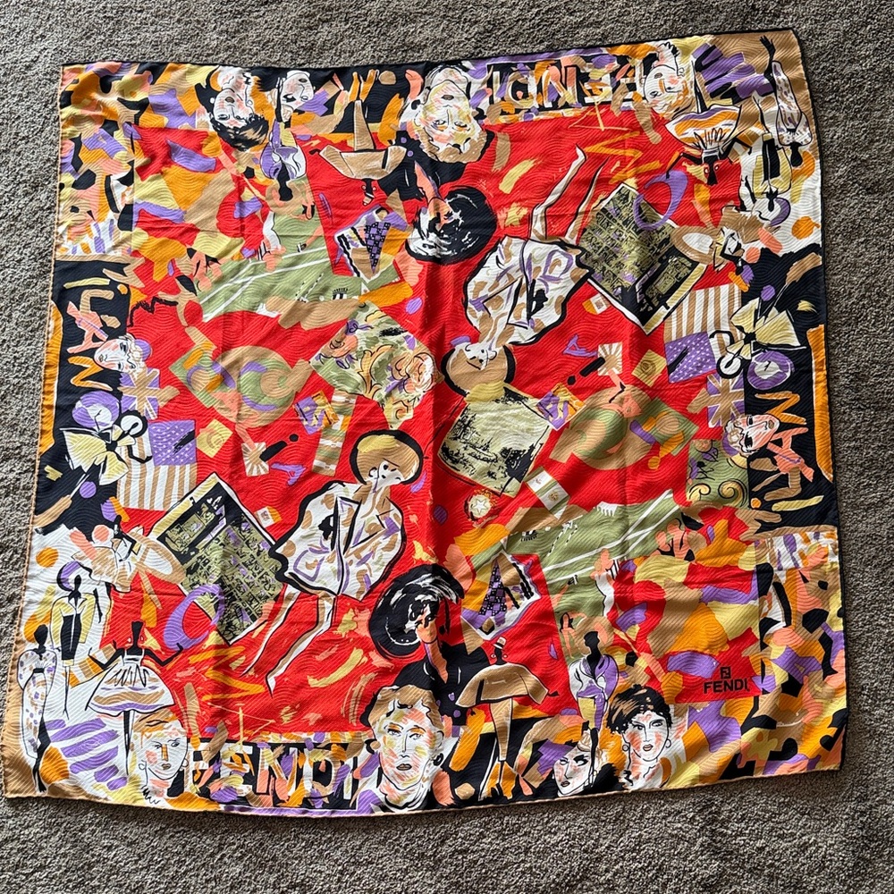 Fendi Artistic Red and Gold Silk Scarf